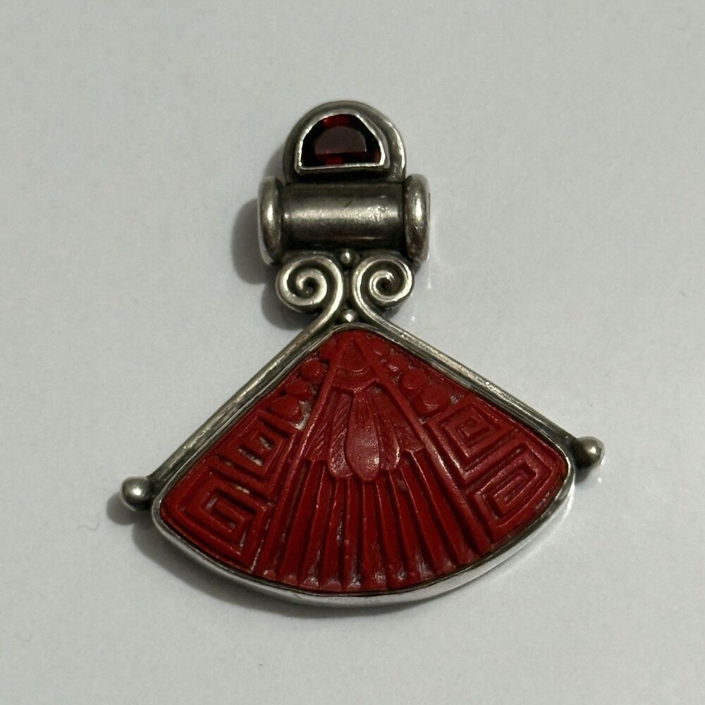 Vintage Sajen Red Cinnabar And Garnet Sterling Pendant